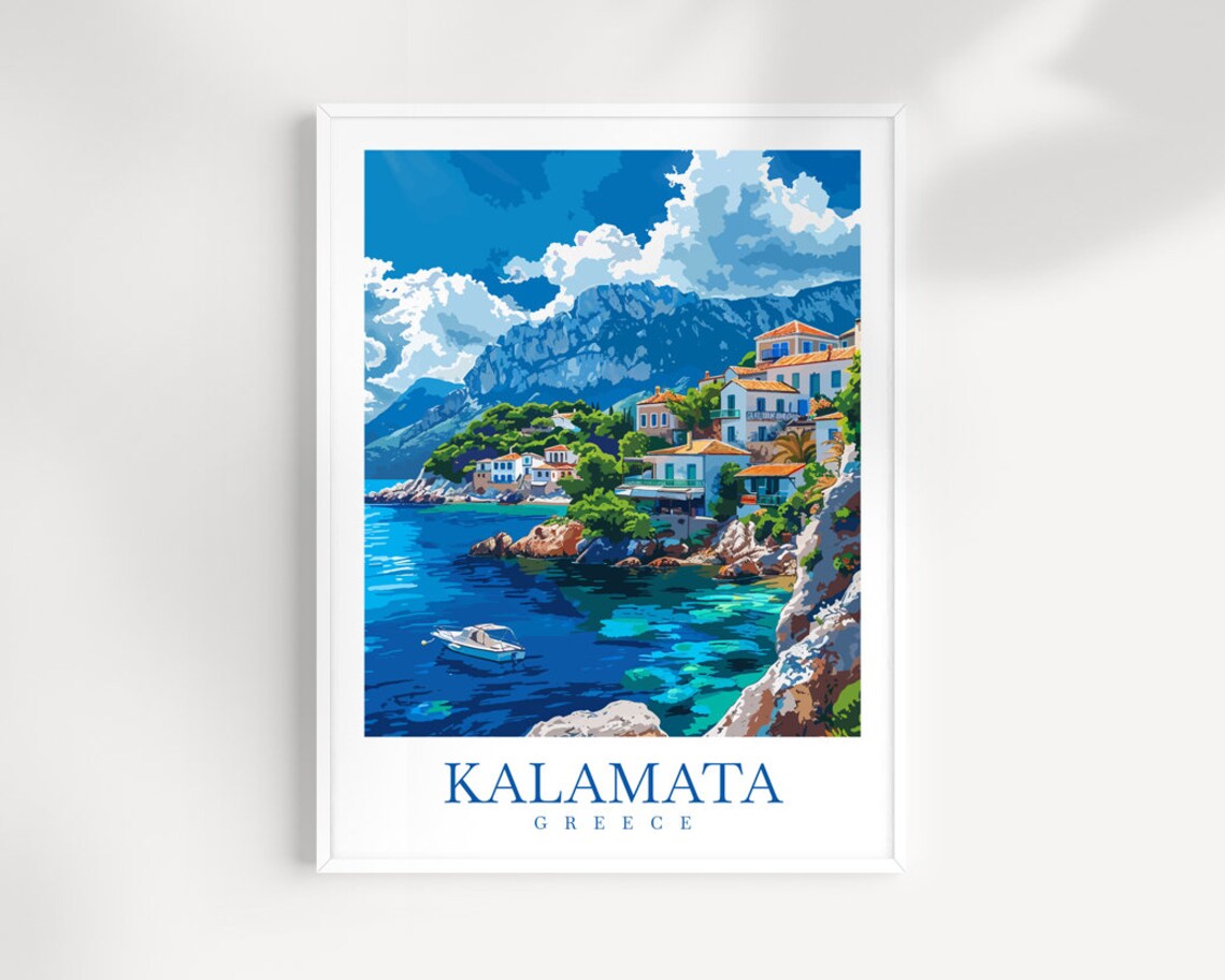 Kalamata Greece Coastal Village Turquoise Sea Illustration Poster