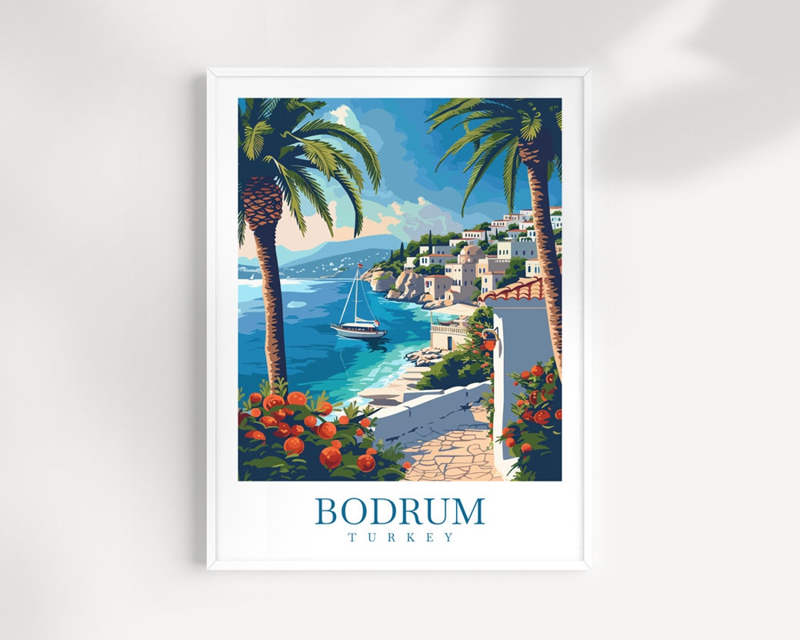 Bodrum Turkey Palm Coast Sailboat Blue Sea Vintage Travel Poster