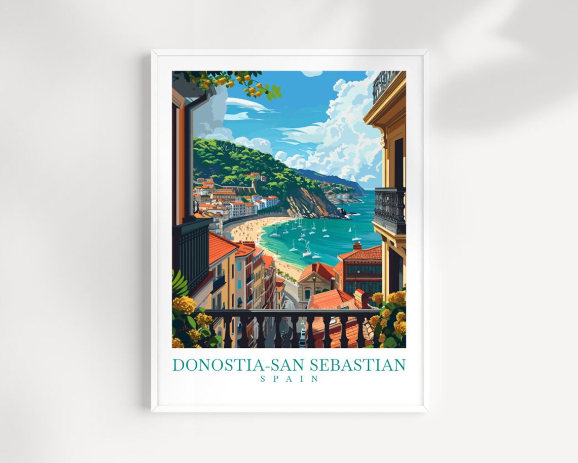 Vintage San Sebastian Spain La Concha Bay Sailboats Travel Poster