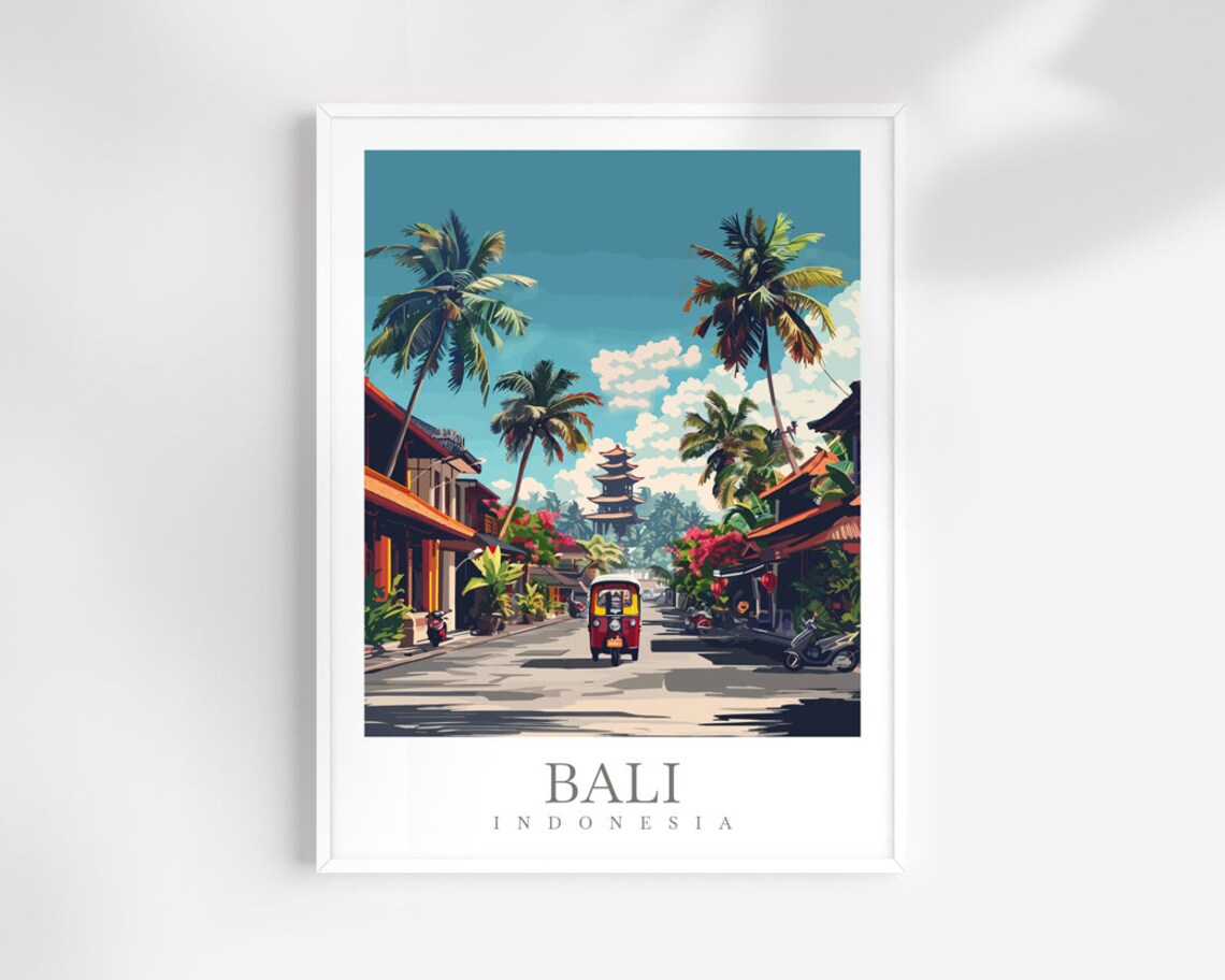 Bali Indonesia Temple Street Tuk Tuk Palms Tropical Travel Poster
