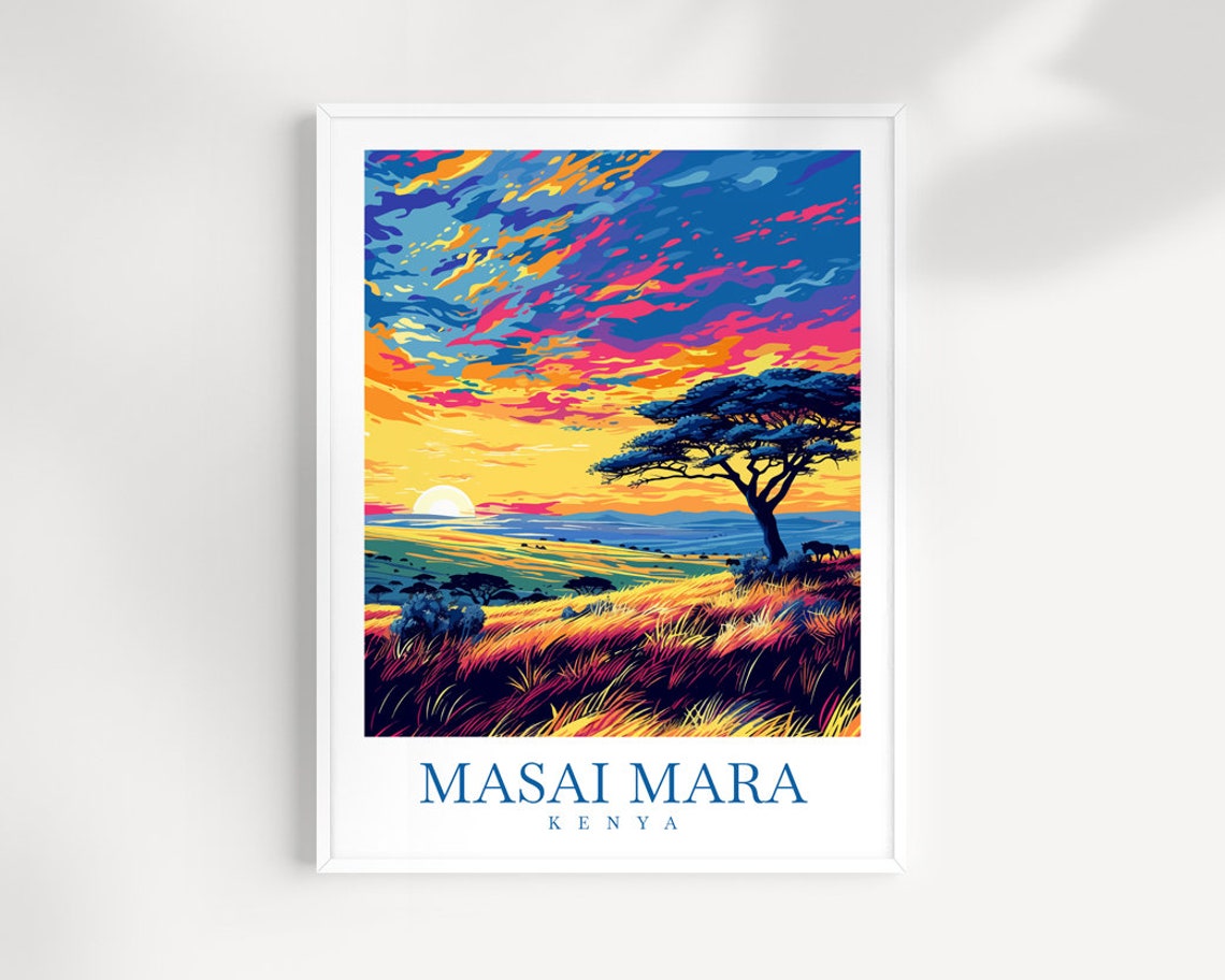 Masai Mara Kenya Colorful Sunset Acacia Tree Savanna Travel Poster