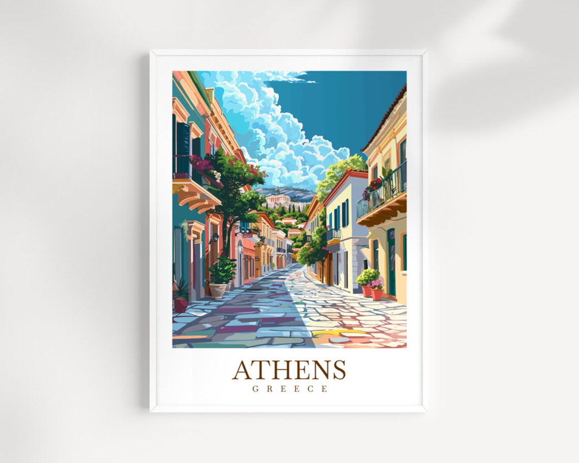 Athens Greece Old Town Cobblestone Street Toward The Acropolis Poster