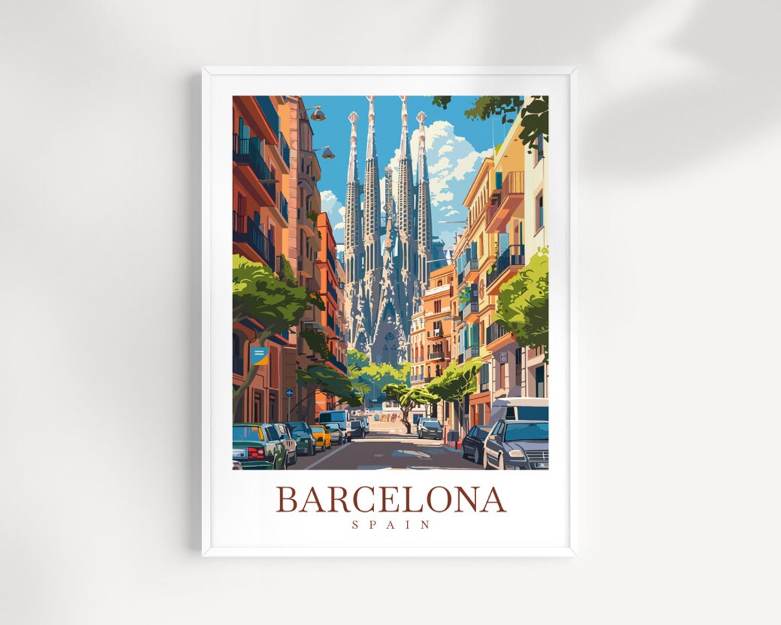 Barcelona Spain Sagrada Familia Street Gaudi Spires Travel Poster