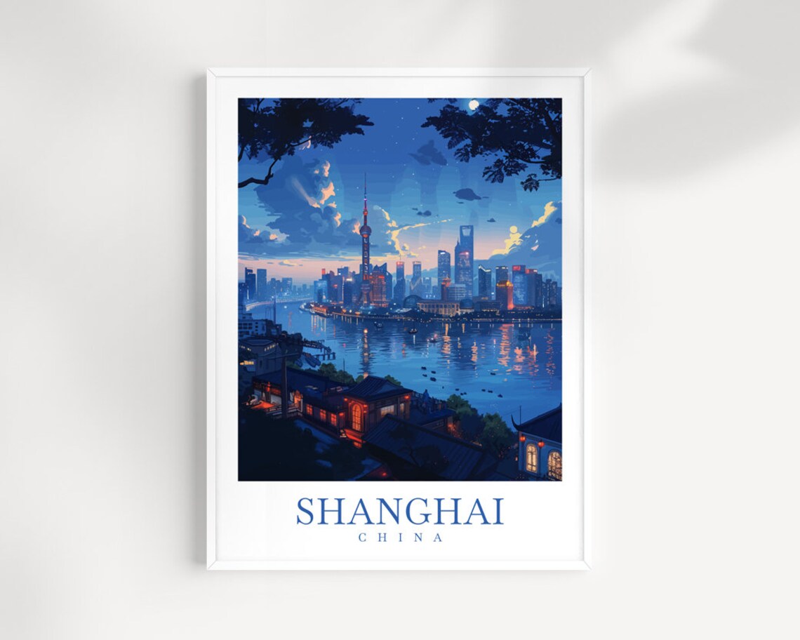 Shanghai China Night Skyline River Lights City Travel Poster