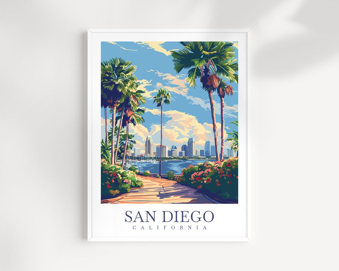 San Diego California Waterfront Skyline Palm Trees Travel Poster