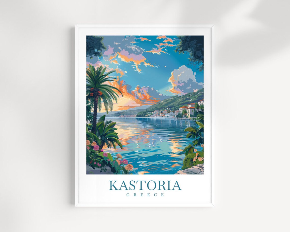 Kastoria Greece Travel Poster - Lakeside Sunset with Palms and Flowers