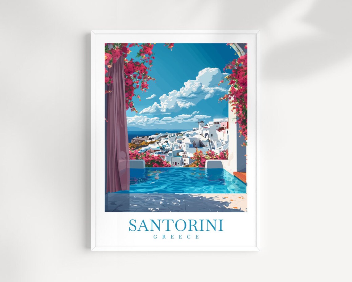Santorini Greece Infinity Pool Terrace Caldera Village View Poster