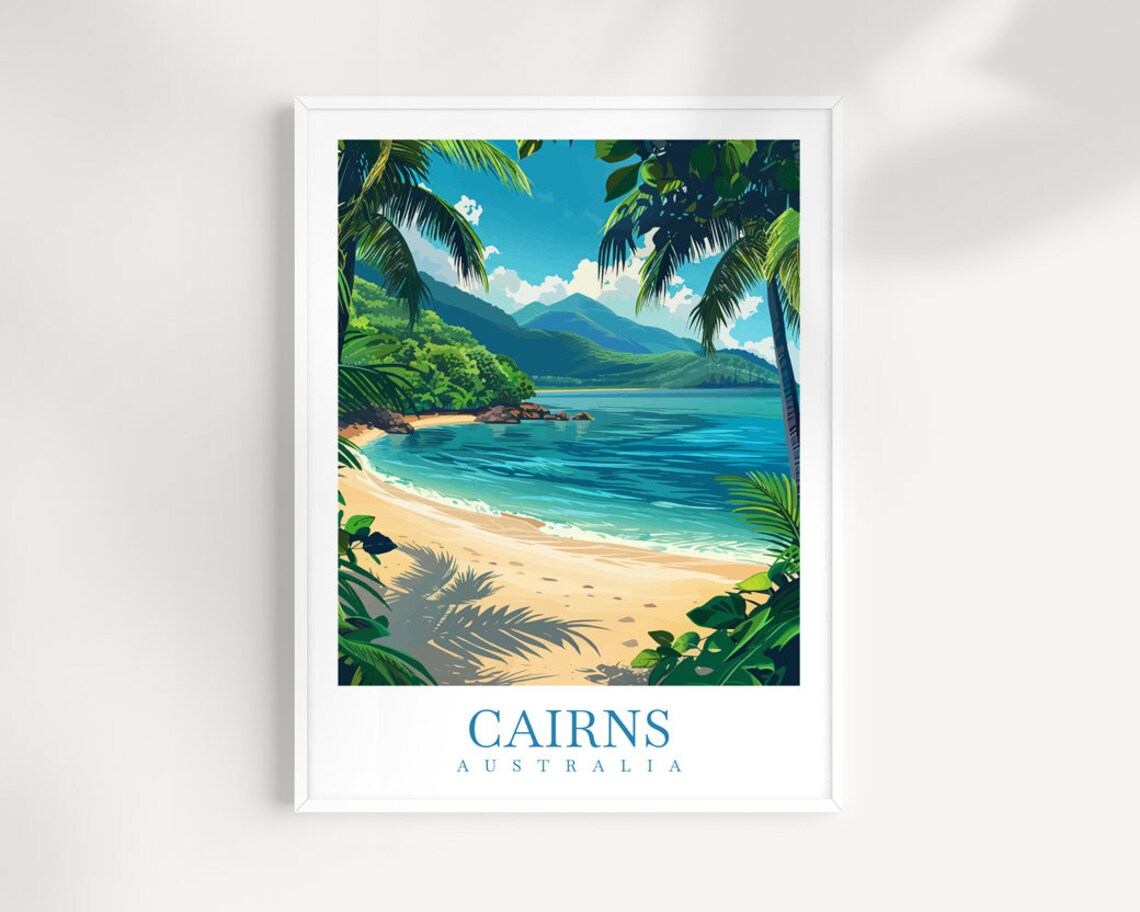 Cairns Australia Tropical Beach Cove with Palm Trees Travel Poster