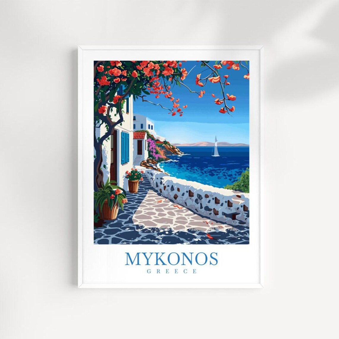 Mykonos Greece Whitewashed Street Sea Sailboat Travel Poster