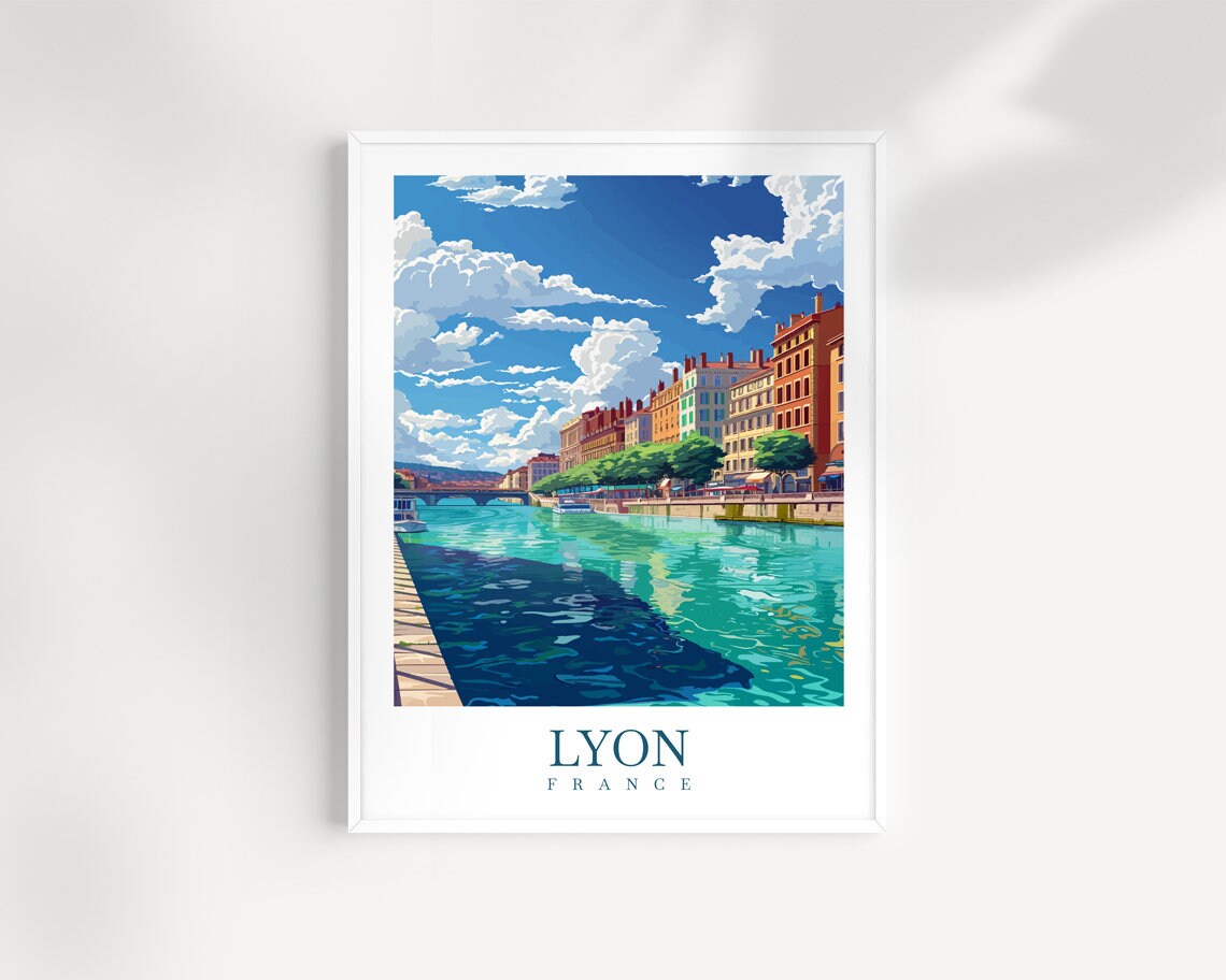 Lyon France River Bridge Sunny Waterfront European City Travel Poster