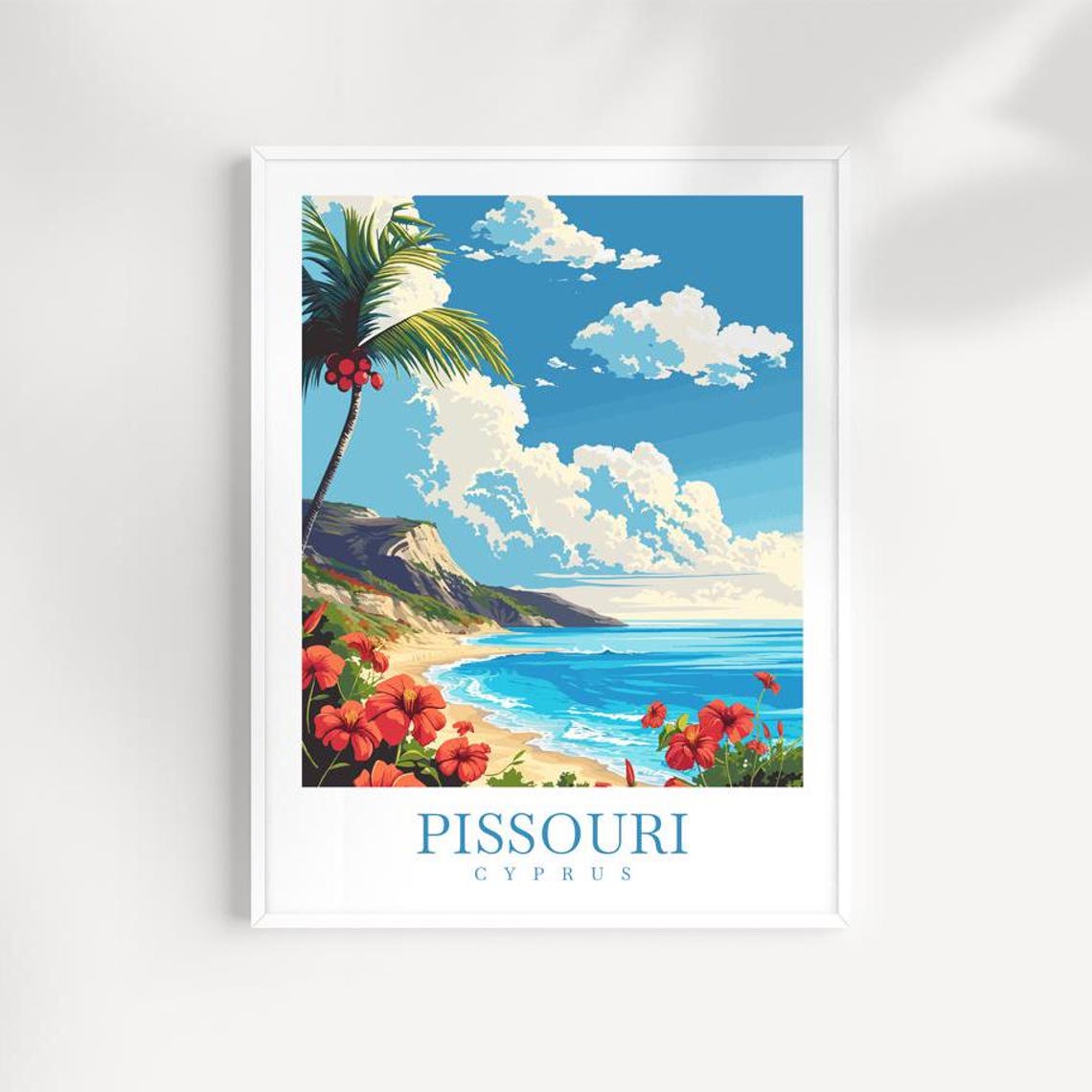 Pissouri Cyprus Hibiscus Beach Palm Cliffs Turquoise Sea Travel Poster