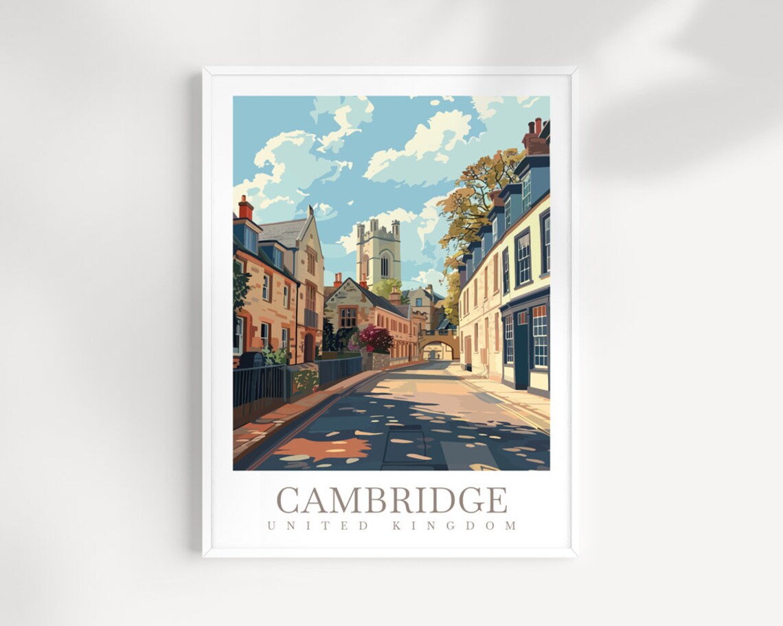 Cambridge United Kingdom Historic College Street Tower Travel Poster