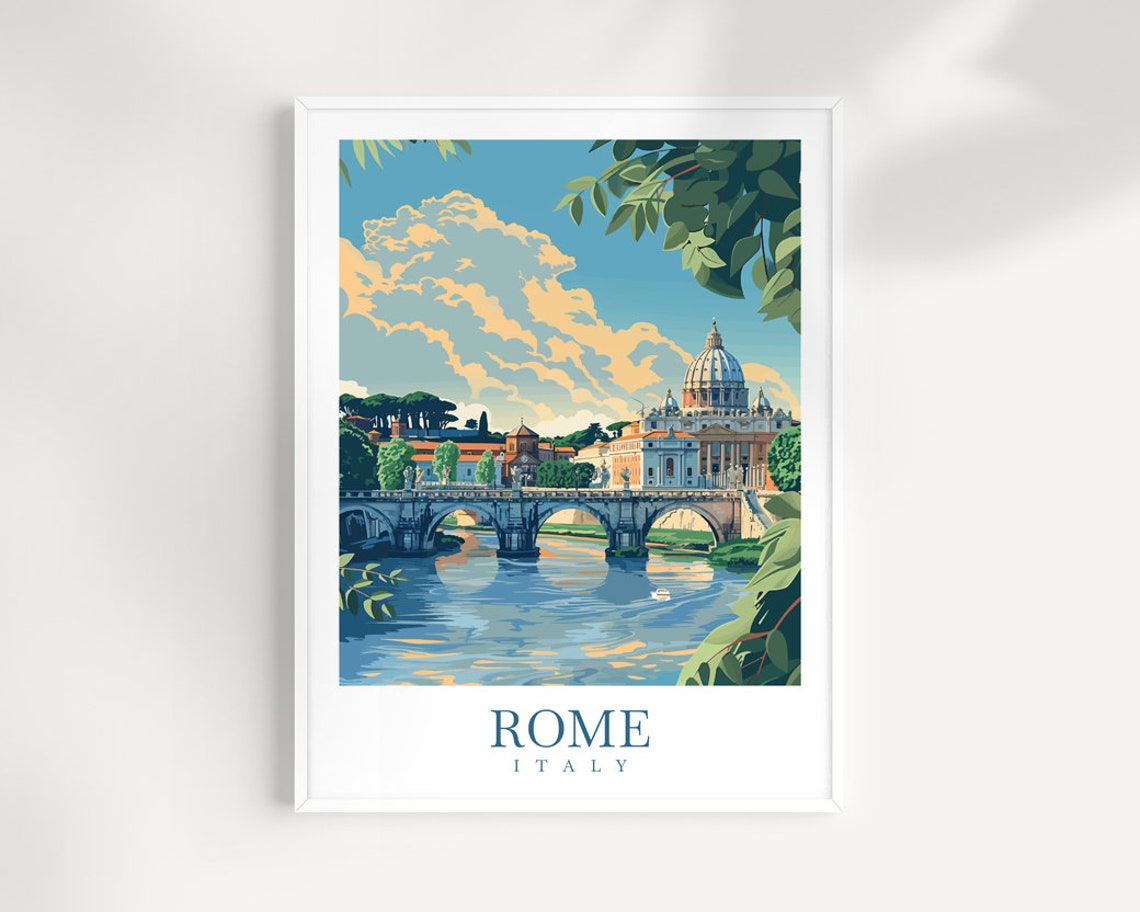 Rome Italy St Peter's Basilica Dome River Bridge Vintage Travel Poster