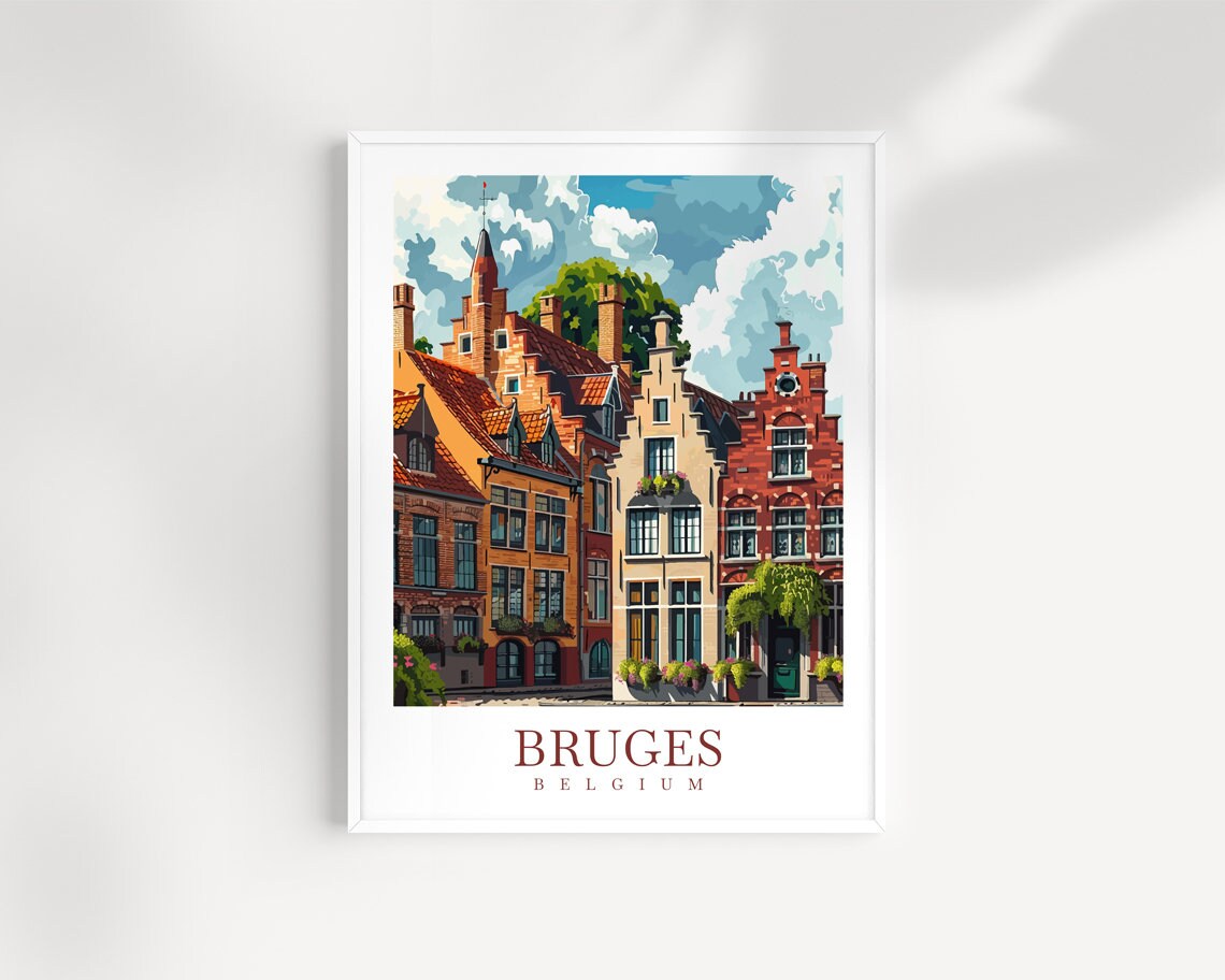Bruges Belgium Medieval Brick Street Gabled Houses Travel Poster