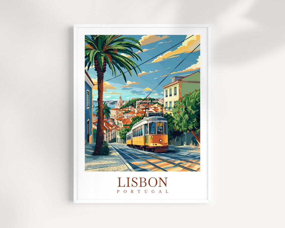 Lisbon Portugal Yellow Tram 28 Street Scene Travel Poster Art