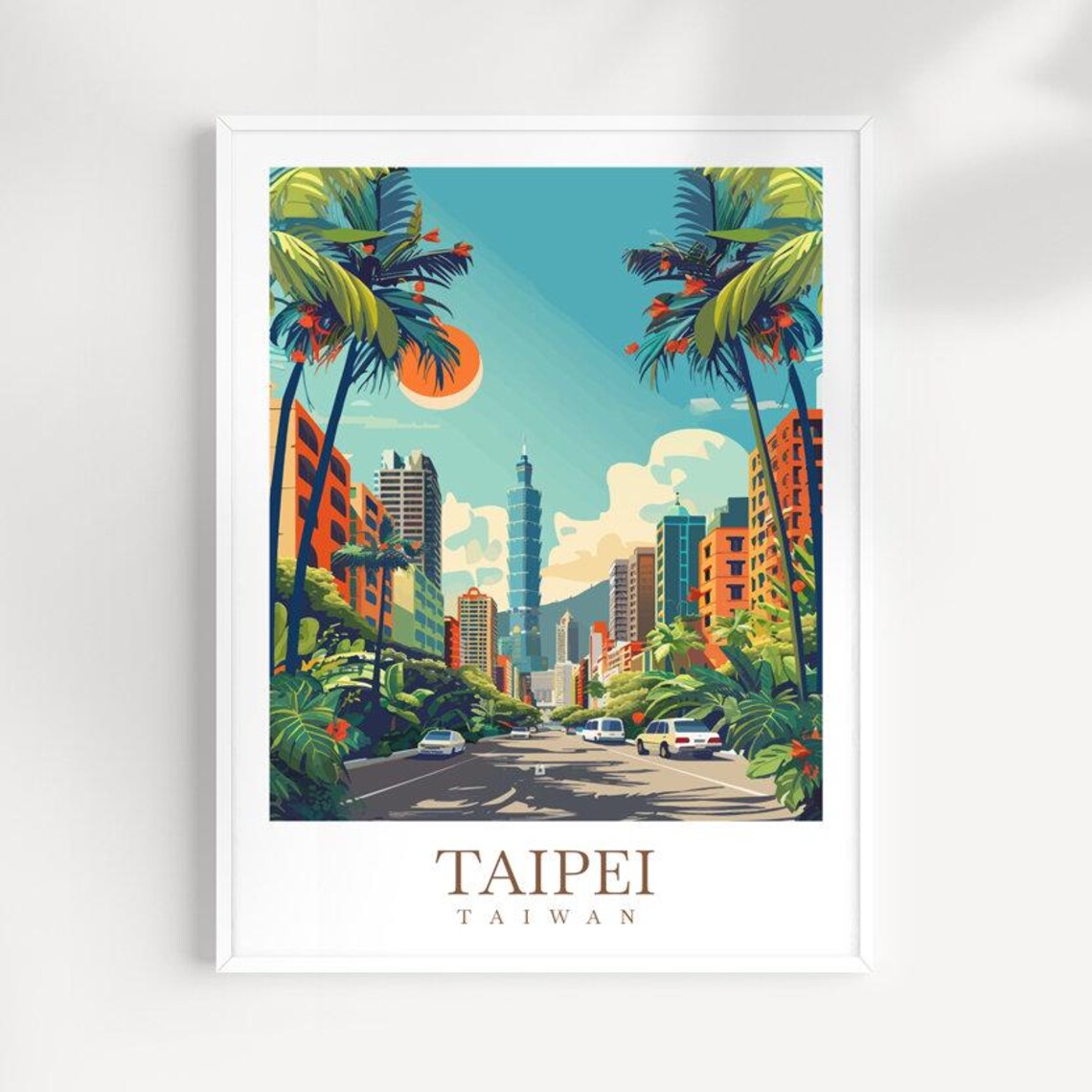 Taipei Taiwan Palm Tree Lined City Street Sunny Travel Poster