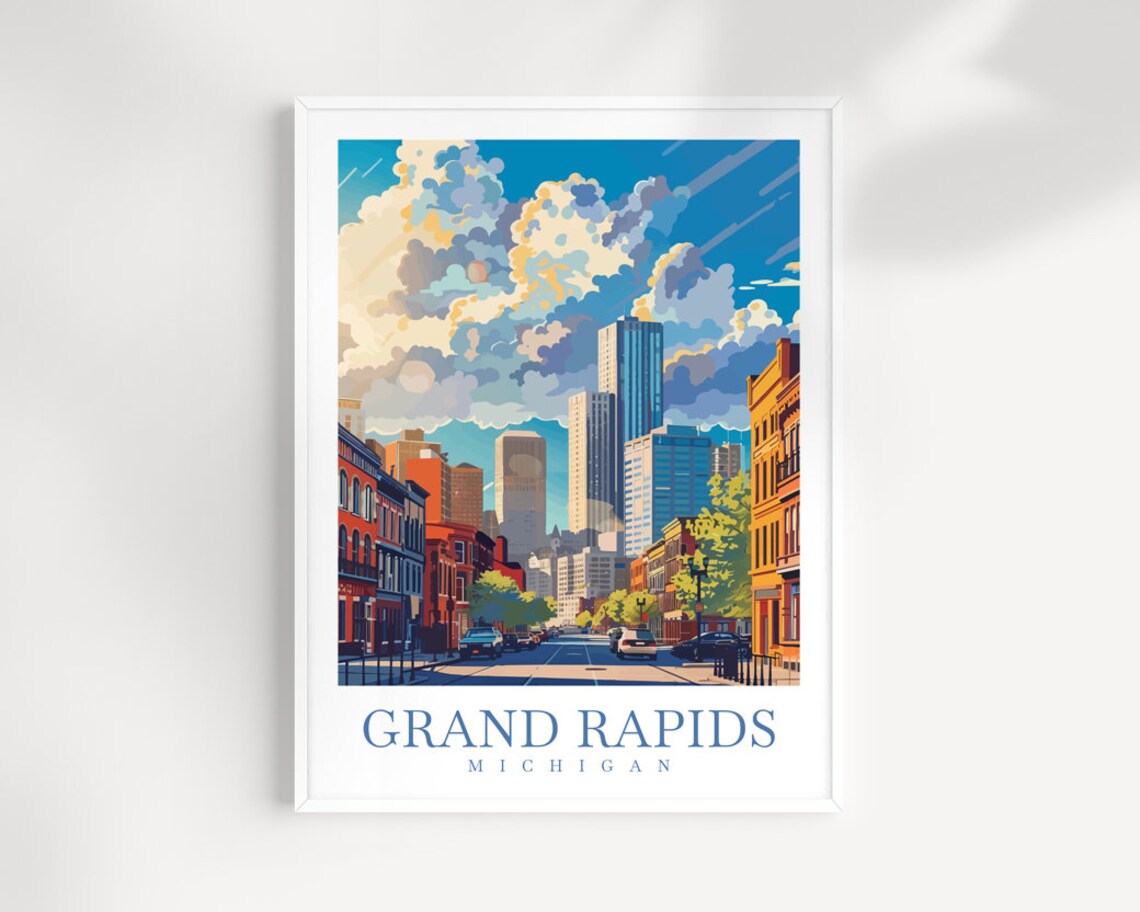 Grand Rapids Michigan Downtown Skyline Street Scene Travel Poster