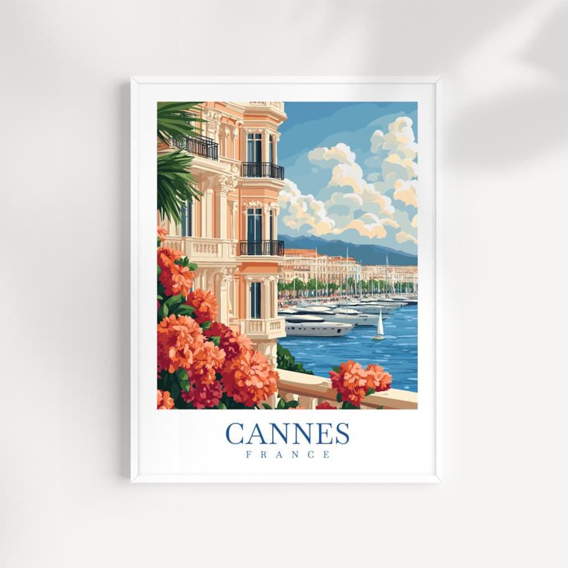 Cannes France Travel Poster Retro Elegant Hotel Harbor View Art