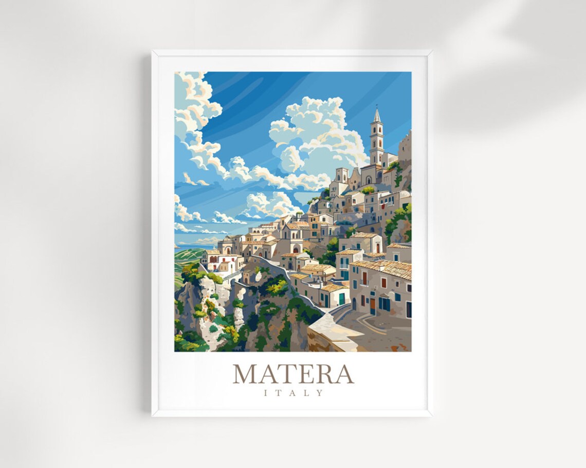 Matera Italy Sunny Cliffside Old Town Square Vintage Travel Poster