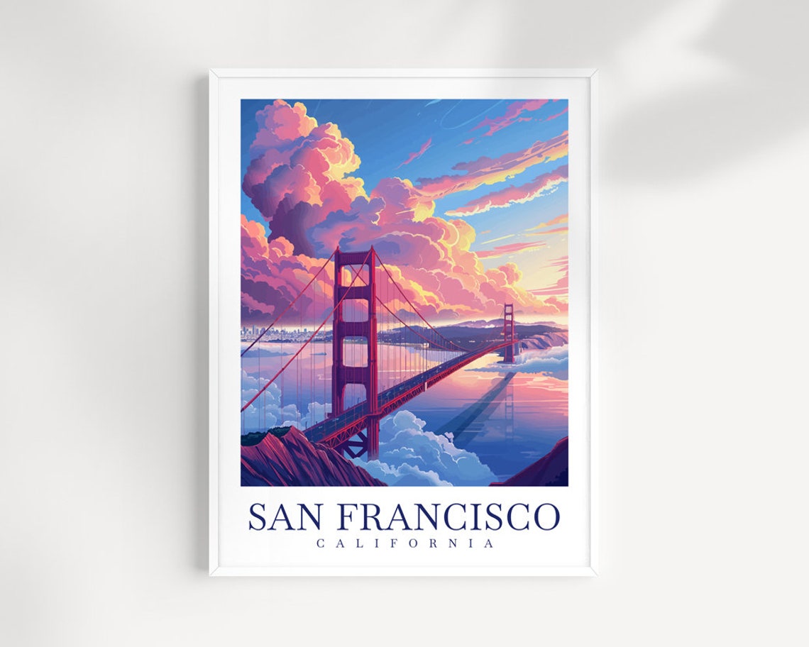 San Francisco Golden Gate Bridge Sunset Pink Clouds Travel Poster