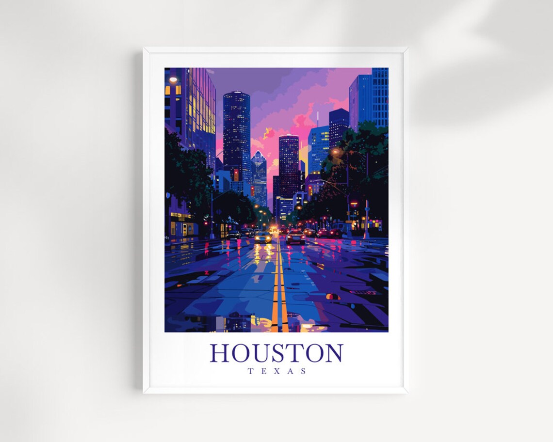 Houston Texas Night Skyline Wet Street Neon Sunset Art Poster