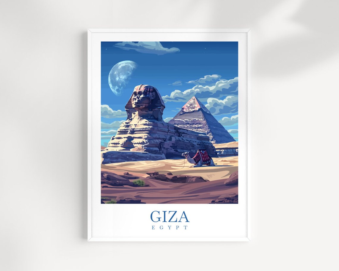 Giza Egypt Sphinx Pyramid Camel Moonlit Desert Travel Poster