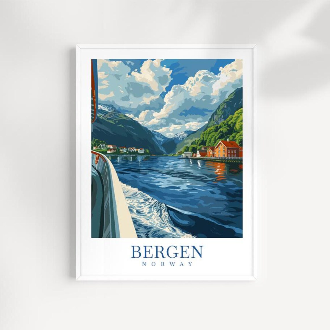 Bergen Norway Fjord Boat Wake Mountain Vintage Travel Poster