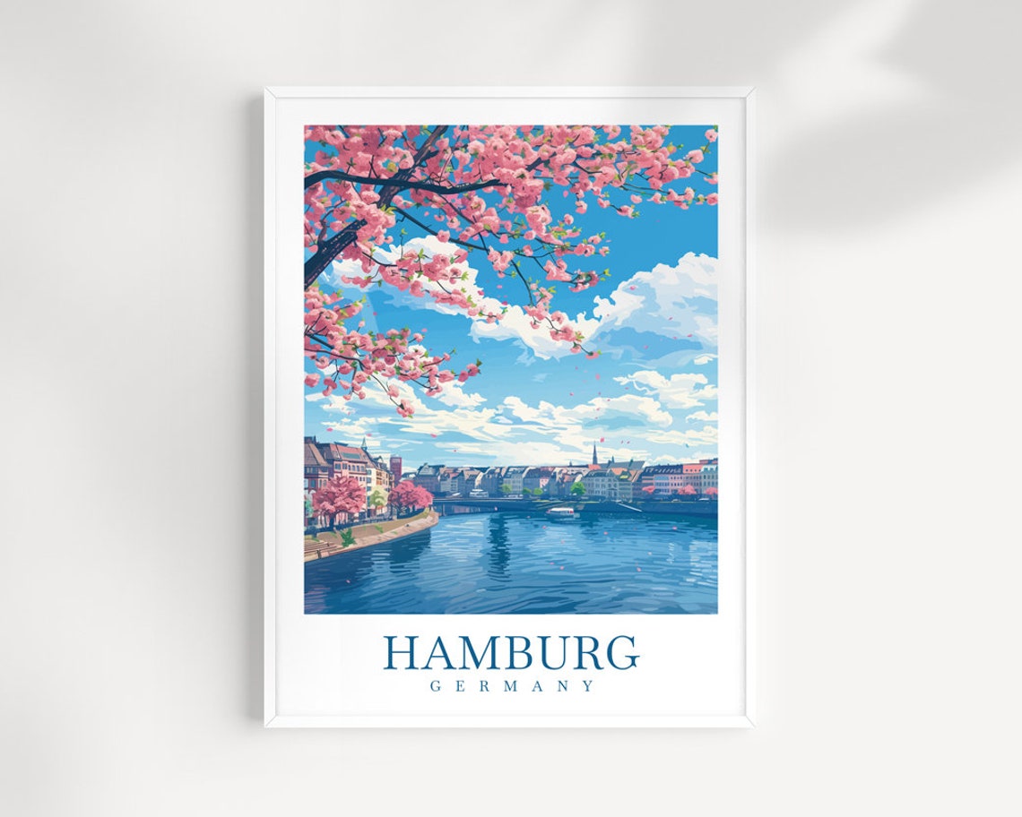 Hamburg Germany Spring Cherry Blossom River View Art Poster Gift