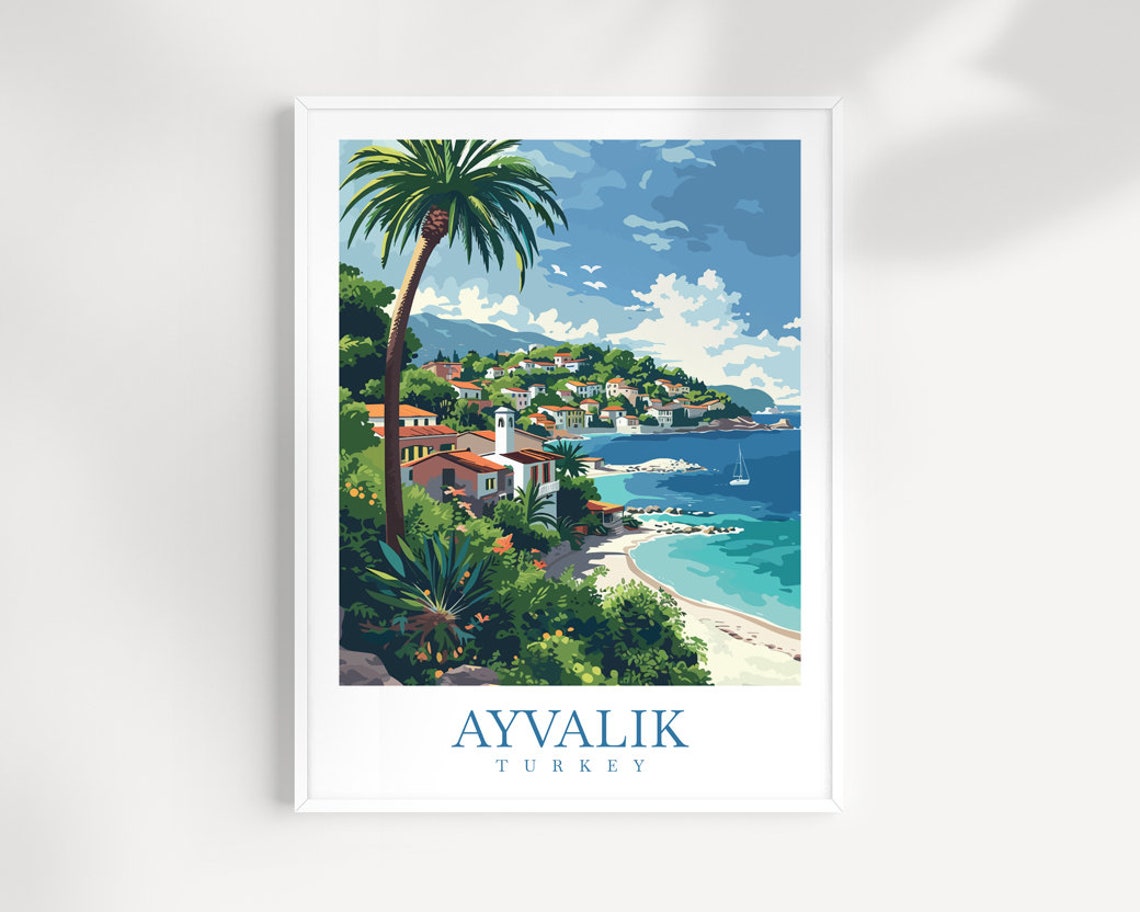 Ayvalik Turkey Palm Tree Beach Bay Coastal Village Travel Poster