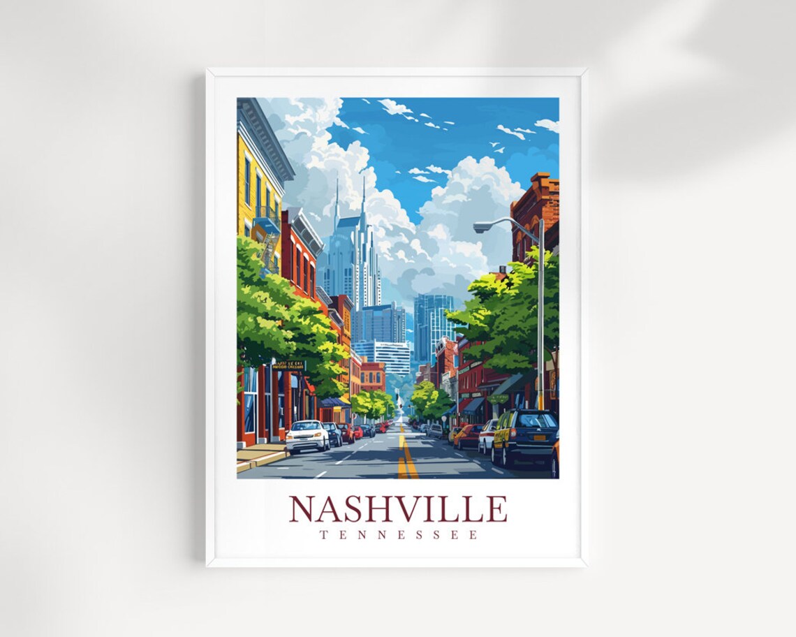 Nashville Tennessee Downtown Street Skyline Cityscape Travel Poster