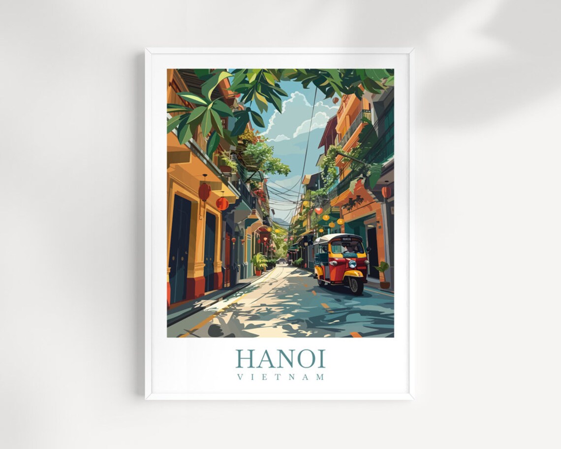 Hanoi Old Quarter Street Scene With Lanterns Tuk Tuk Travel Poster
