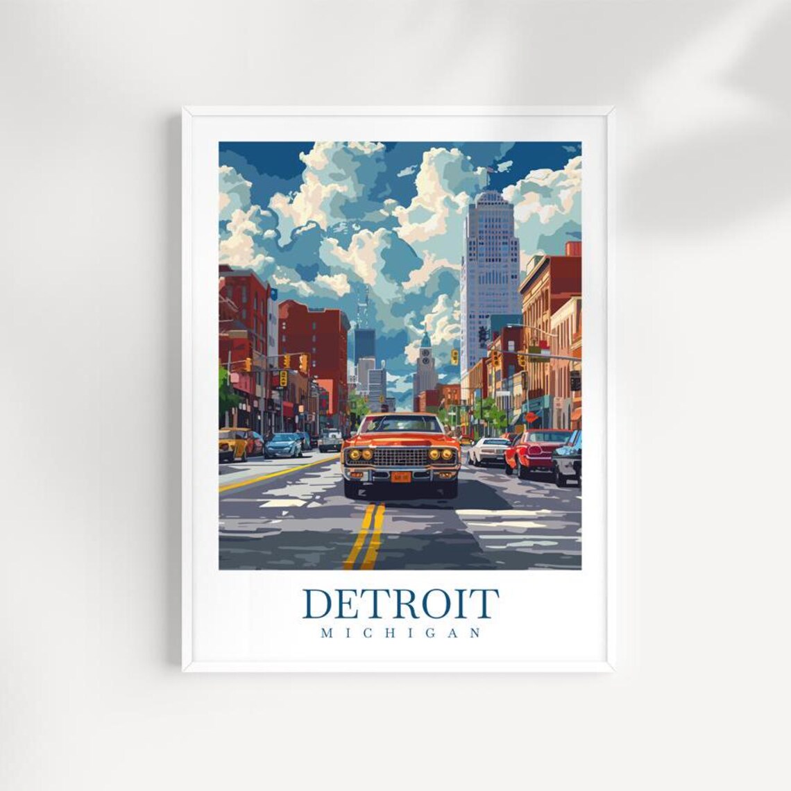 Detroit Michigan Classic Car Downtown Street Muscle Auto Travel Print