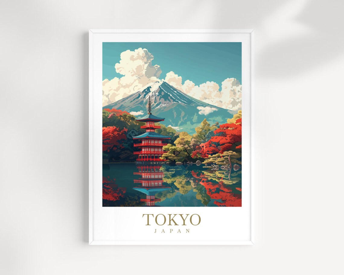 Tokyo Japan Mount Fuji Pagoda Lake Mirror Autumn Colors Travel Poster