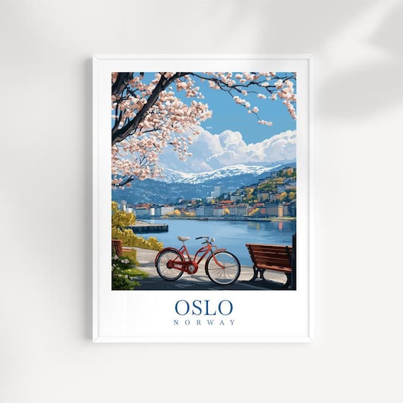Oslo Norway Red Bicycle Cherry Blossoms Harbor Travel Poster