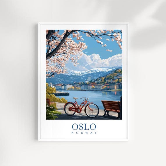 Oslo Norway Travel Print Bicycle Cherry Blossoms Wall Art