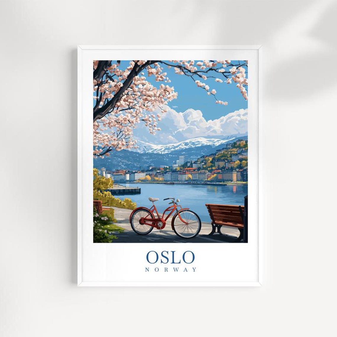 Oslo Norway Red Bicycle Cherry Blossoms Harbor Travel Poster
