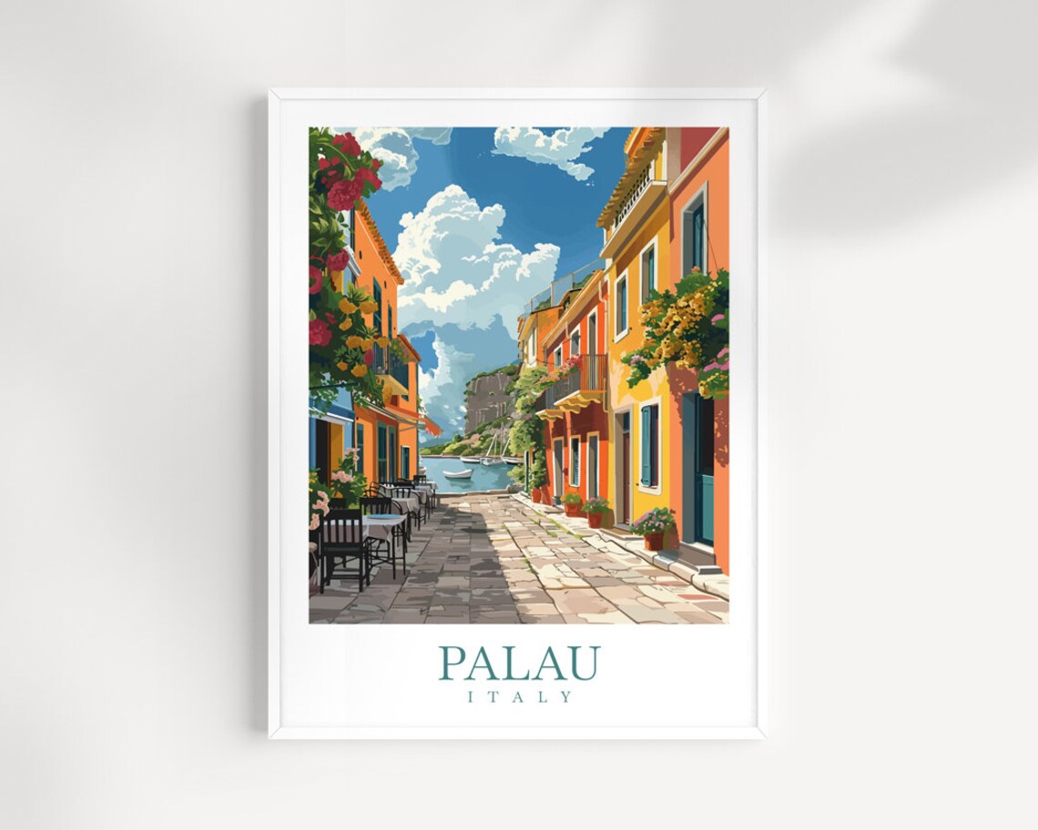 Palau Italy Colorful Alley Harbor Cafes Sunny Travel Poster Art