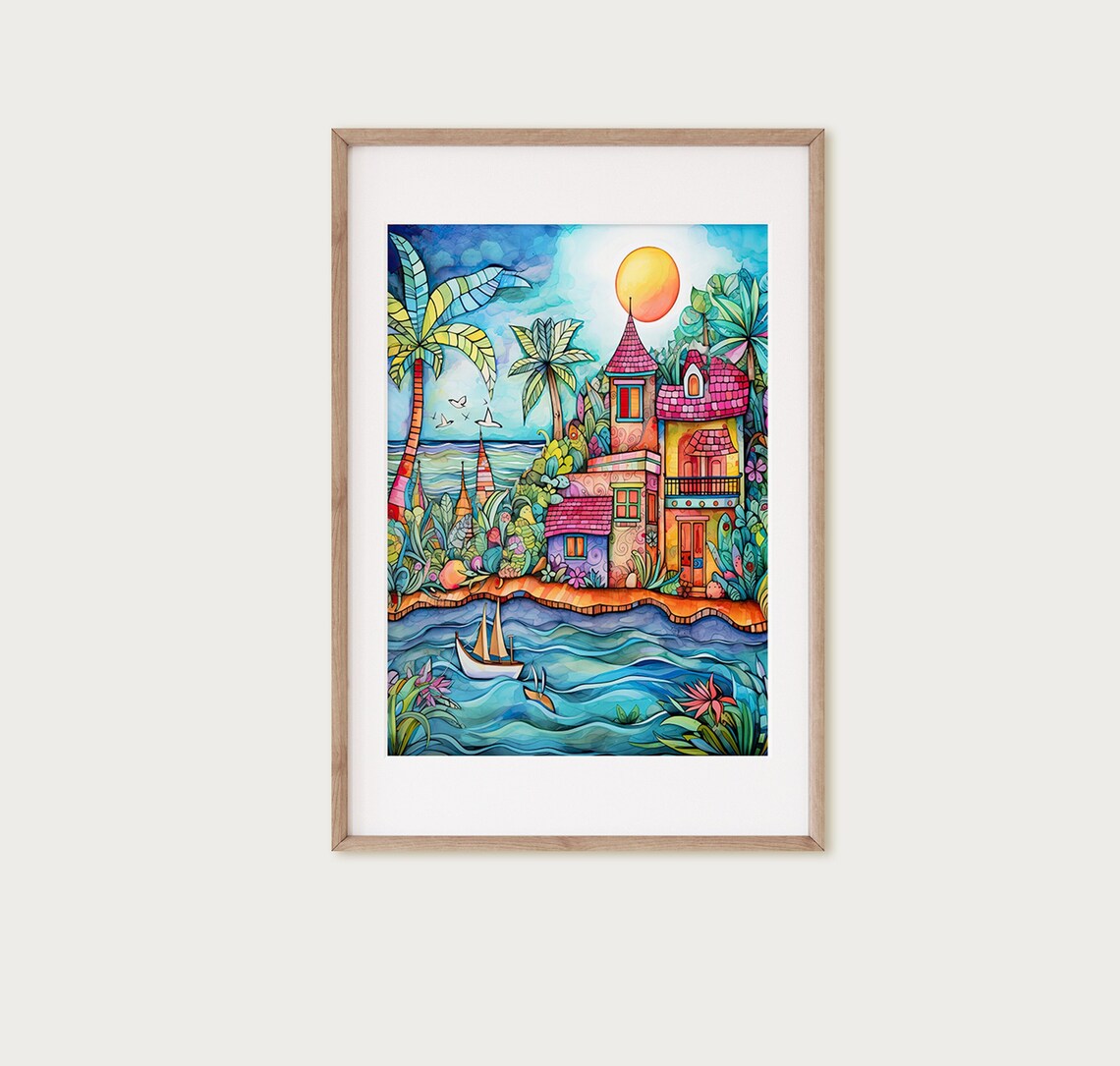 Whimsical Coastal Village Sailboat Sunset Watercolor Art Poster