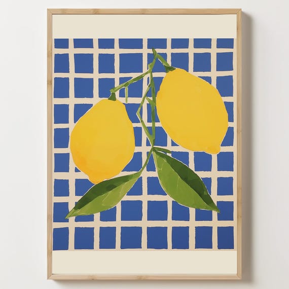 Lemon Art Print Wall Fruit Blue And Yellow Decor Citrus Illustration Modern Kitchen Home