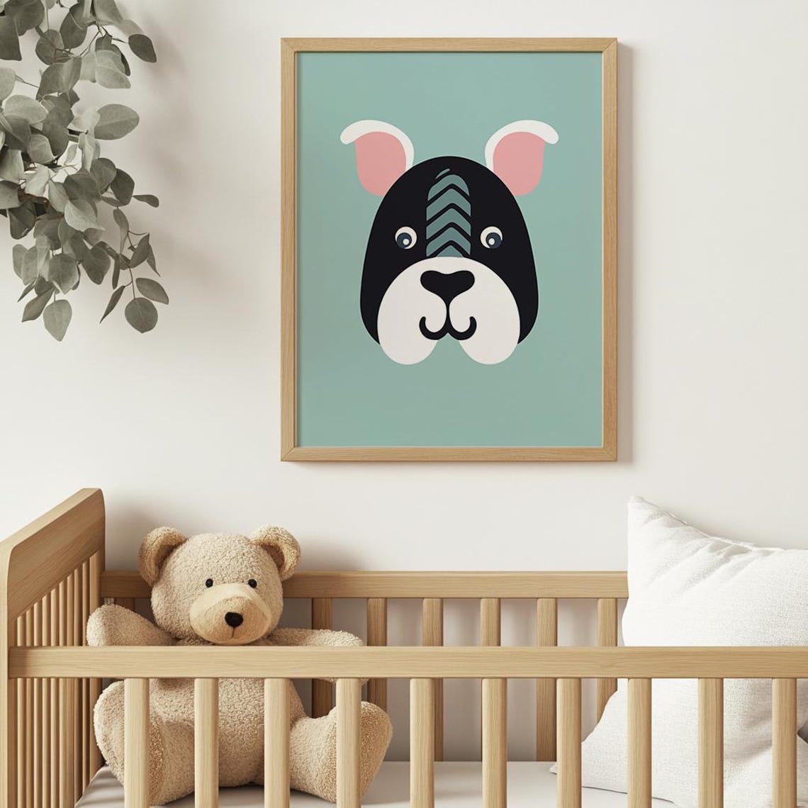 Minimalist Dog Face On Sage Green Nursery Kids Room Animal Art Poster - Image 2