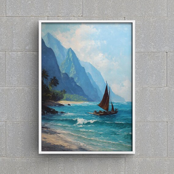 Hawaii Polynesian Sailboat Tropical Mountain Coast Seascape Poster