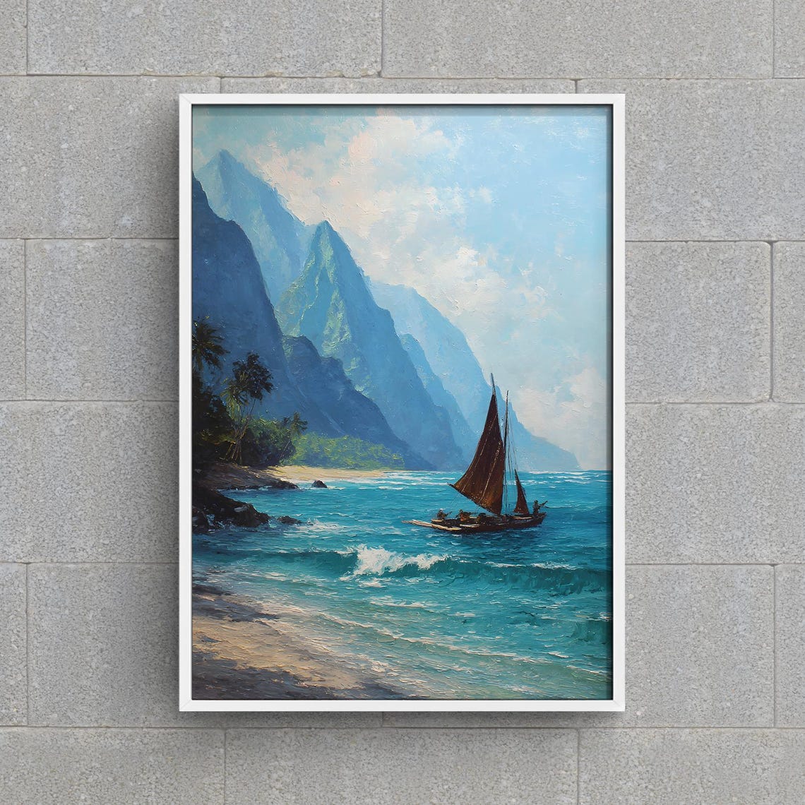 Hawaii Polynesian Sailboat Tropical Mountain Coast Seascape Poster