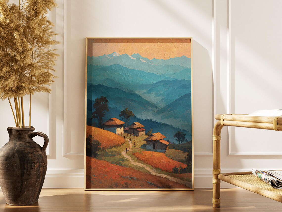 Scenic Blue Layered Mountain Village Valley Oil Painting Poster