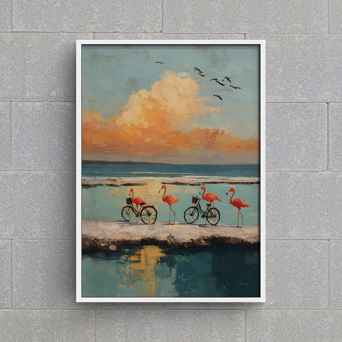 Flamingos with Bicycles on a Tropical Beach Whimsical Art Poster