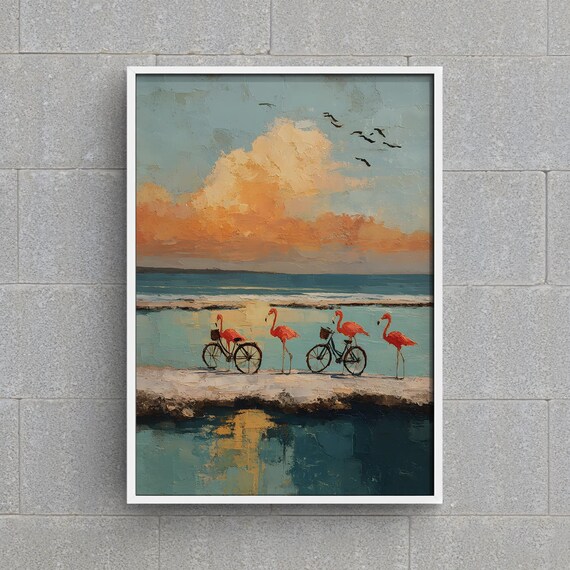 Flamingos with Bicycles on a Tropical Beach Whimsical Art Poster