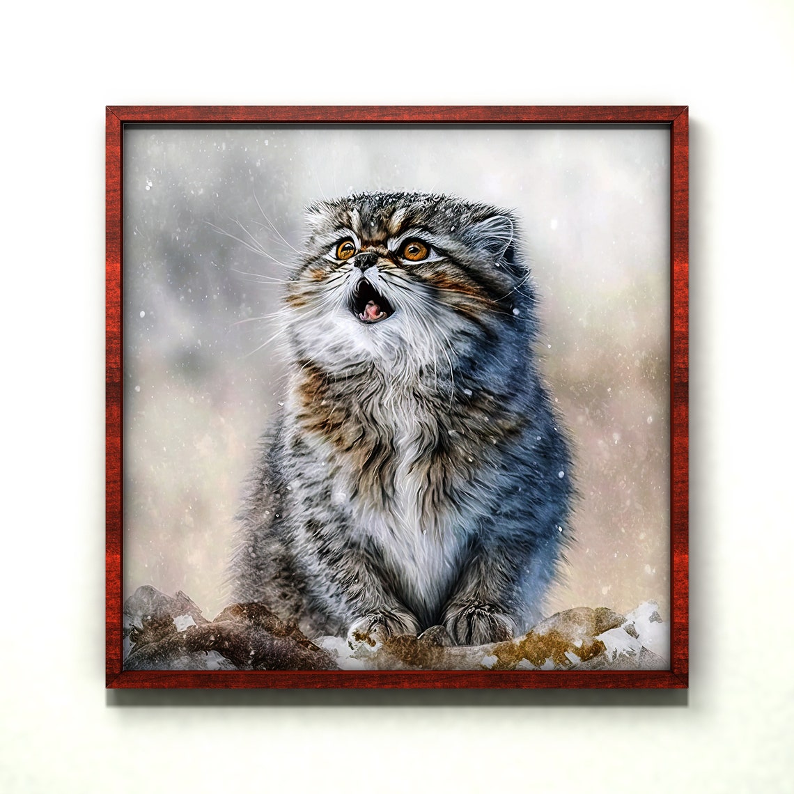 Fluffy Pallas Cat Manul in Winter Snow with Golden Eyes Poster