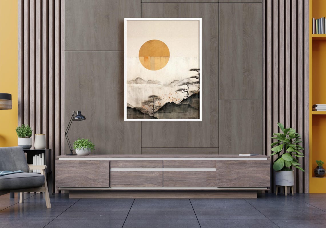 Golden Sun Over Misty Ink Mountains Japanese Landscape Poster