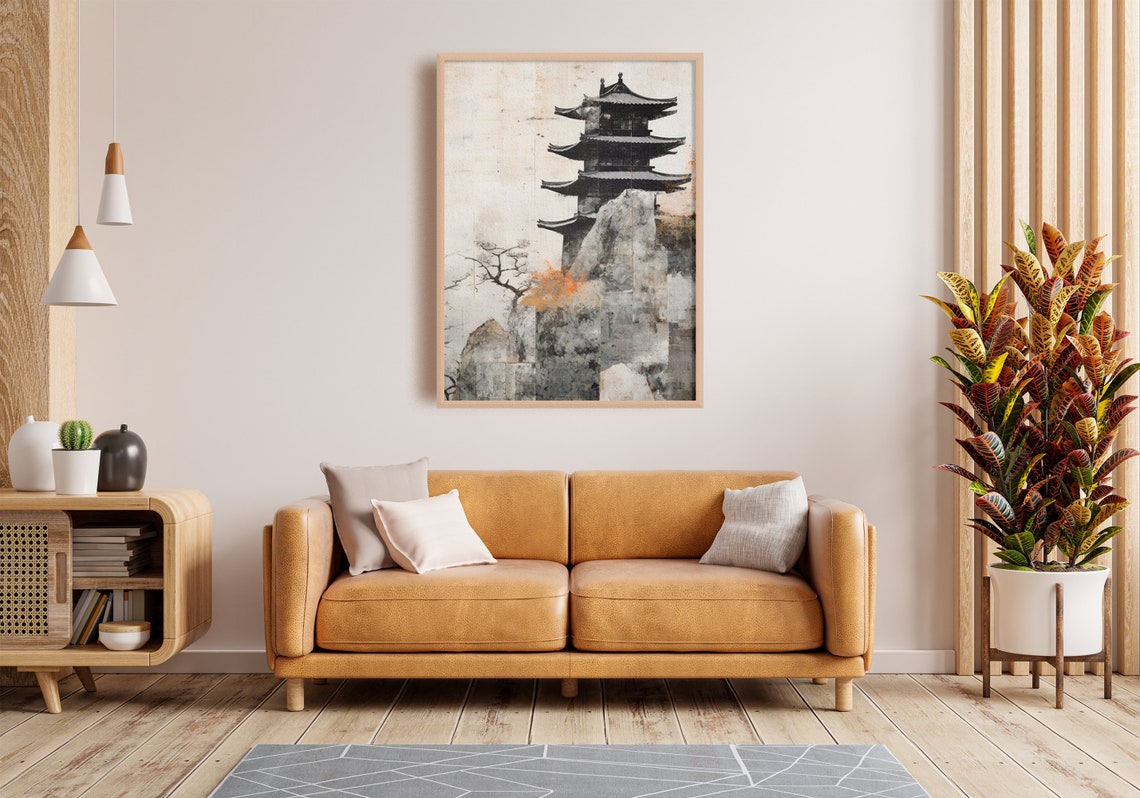 Ancient Japanese Gray Pagoda on Cliffside Sumi Ink Art Poster - Image 4