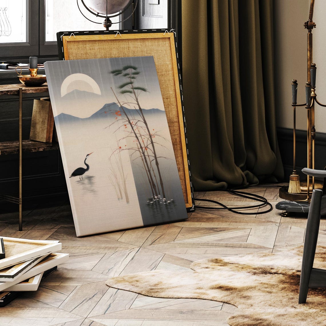 Japanese Heron Moonlit Lake Pines Ink Wash Minimalist Wall Poster - Image 2