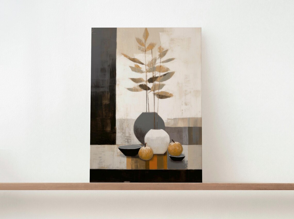 Golden Leaves Vases Fruits Neutral Still Life Modern Wall Art - Image 2